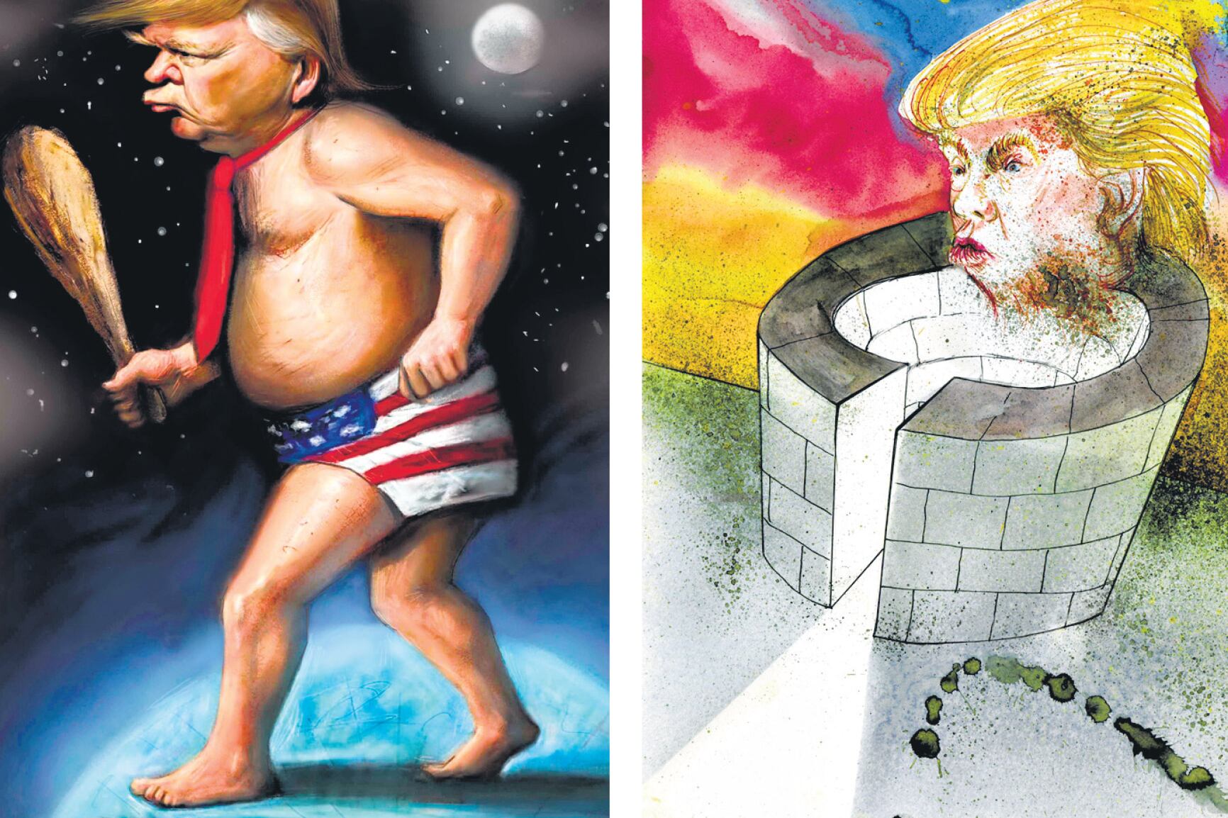 Palos y muros: Trump según los ilustradores Ricardo Aljer (izq.) y Mariano Lucano.