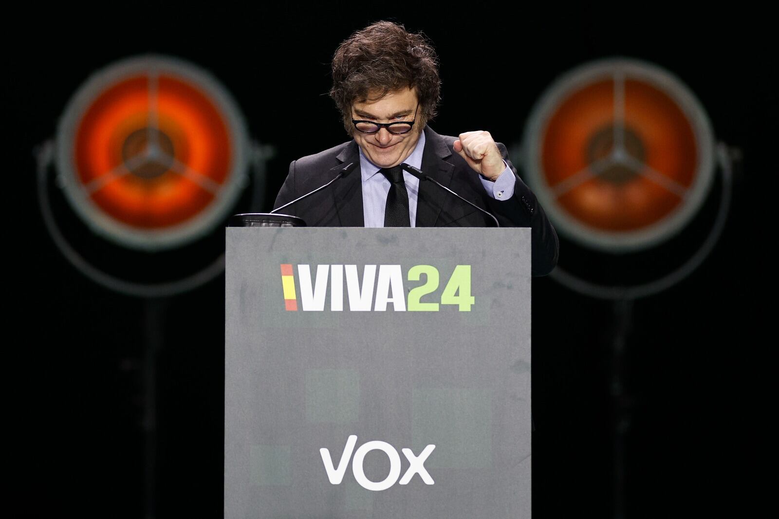 Milei durante el acto de VOX en Madrid. 