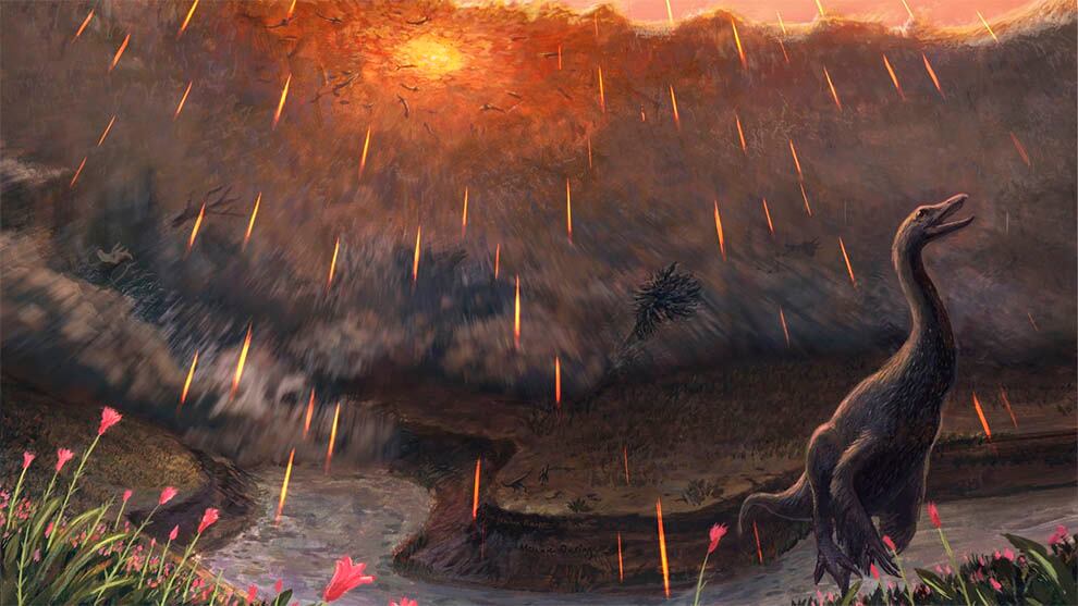 Reconstrucción artística de la ola entrando en el río Tanis, arrastrando peces y todo lo que encuentra a su paso (dinosaurios, árboles) mientras llueven del cielo esférulas de impacto.