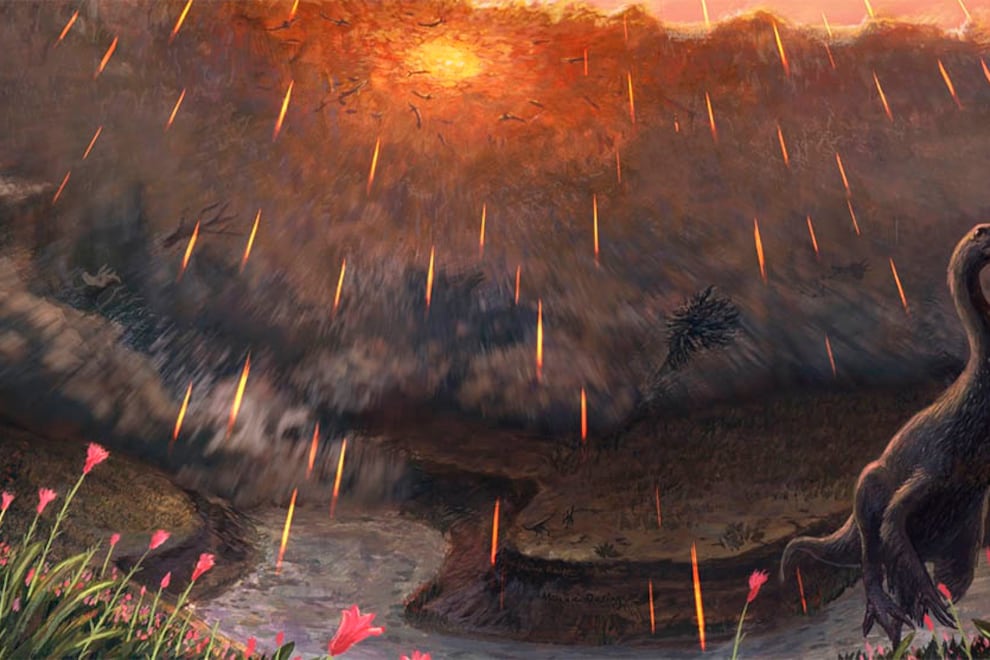 Reconstrucción artística de la ola entrando en el río Tanis, arrastrando peces y todo lo que encuentra a su paso (dinosaurios, árboles) mientras llueven del cielo esférulas de impacto.