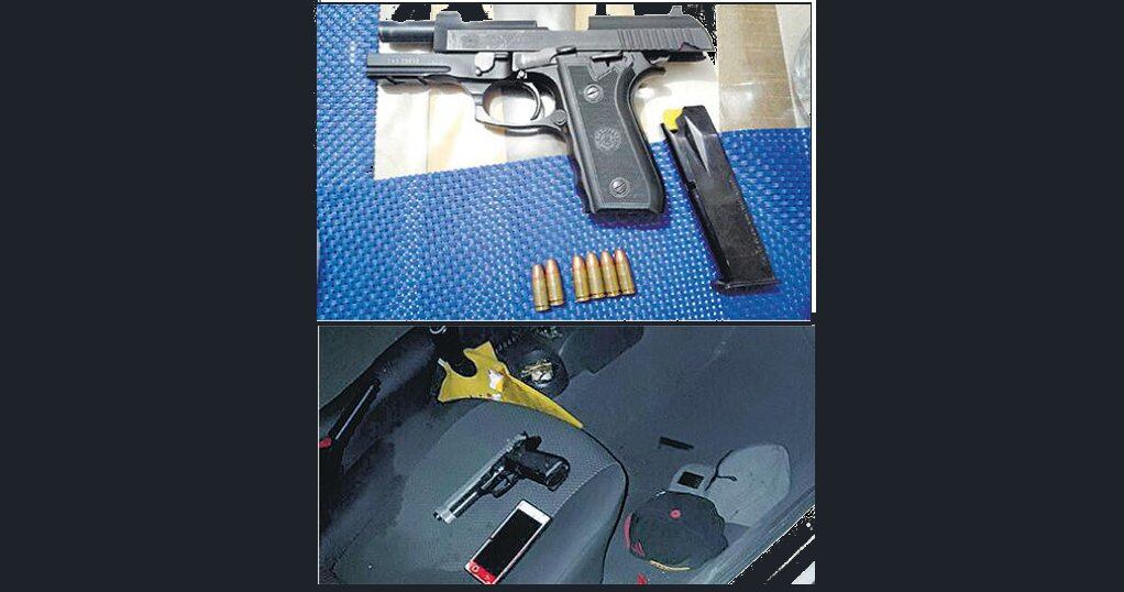 El arma utilizada por el policía y los efectos que quedaron en el interior del Volkswagen Gol.