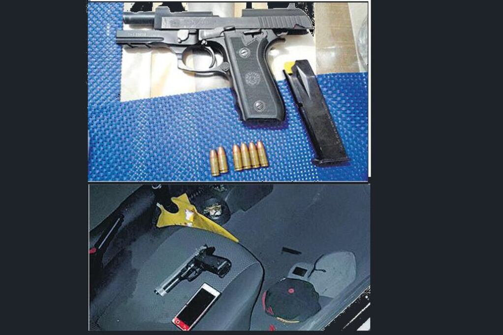 El arma utilizada por el policía y los efectos que quedaron en el interior del Volkswagen Gol.