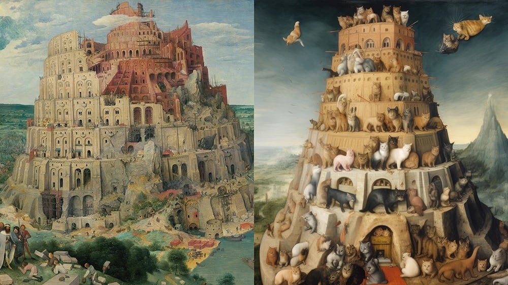 La Torre de Babel, de Bruegel - original e interpretación de IA