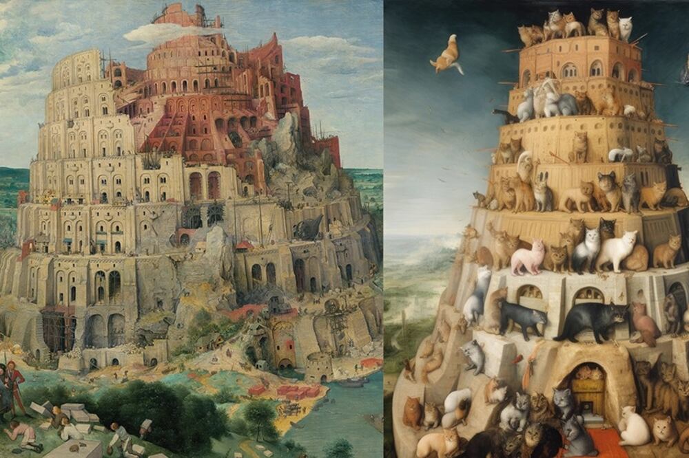 La Torre de Babel, de Bruegel - original e interpretación de IA