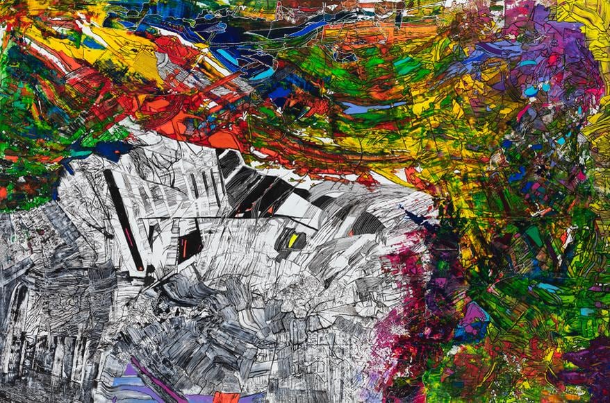 "Se mueve todo, nada se mueve", de Luis Felipe Noé; tinta y acrílico sobre tela, 200 x 300 cm, 2021.