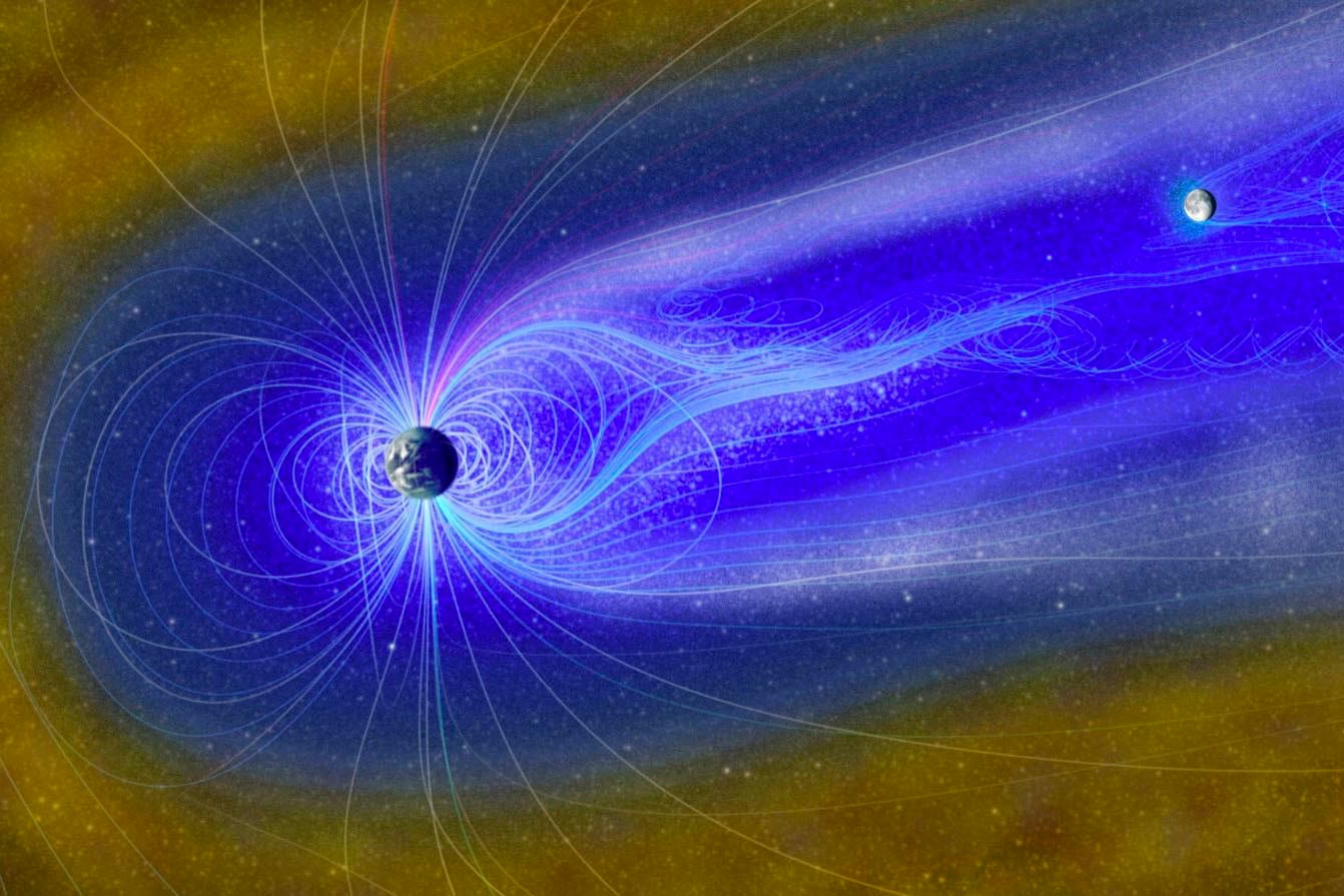 Representación artística de la Luna en la magnetosfera, con el "viento de la Tierra" compuesto por iones de oxígeno (gris) e iones de hidrógeno (azul brillante) que fluyen, que pueden reaccionar con la superficie lunar para crear agua. 