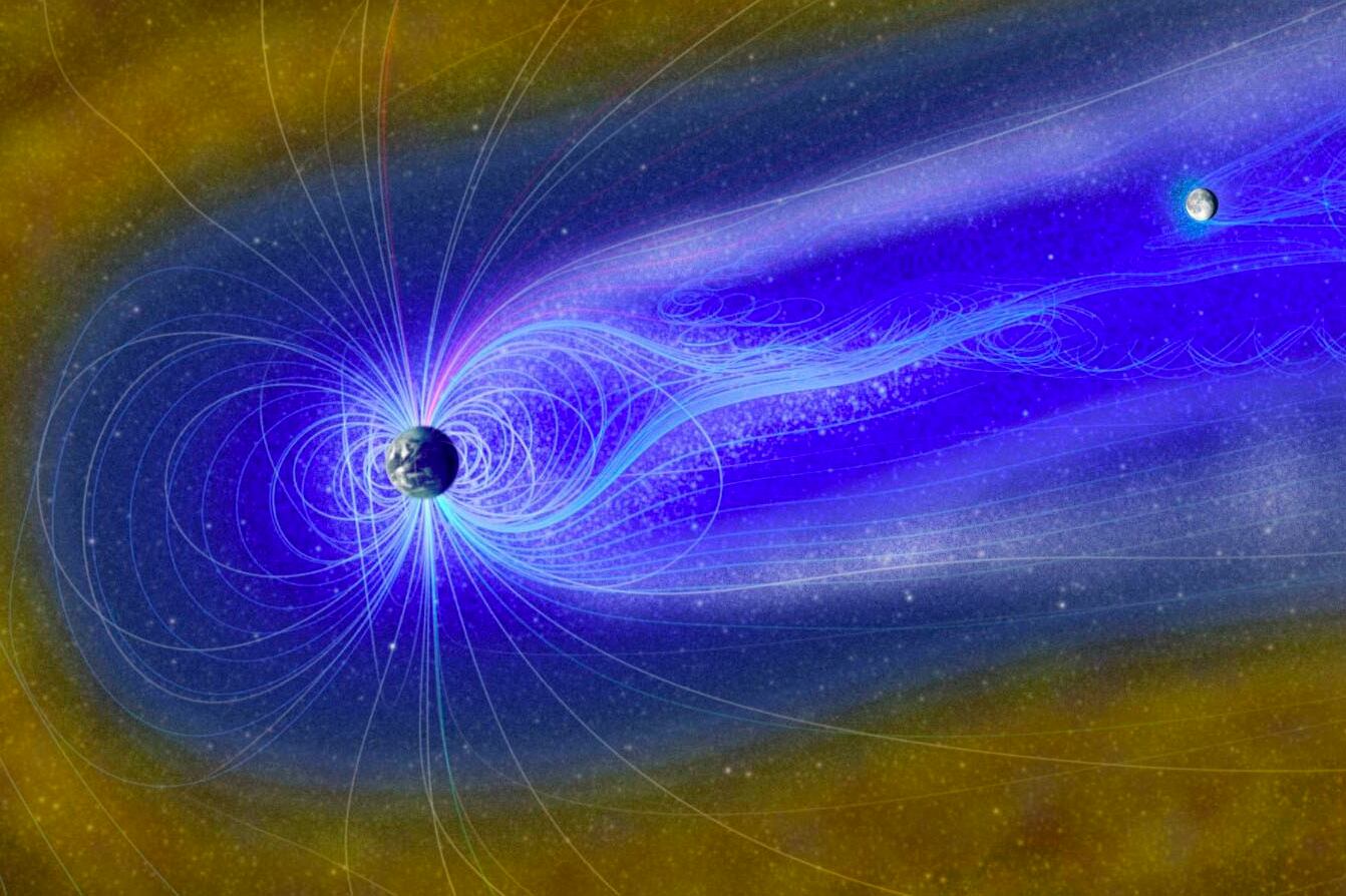 Representación artística de la Luna en la magnetosfera, con el "viento de la Tierra" compuesto por iones de oxígeno (gris) e iones de hidrógeno (azul brillante) que fluyen, que pueden reaccionar con la superficie lunar para crear agua.