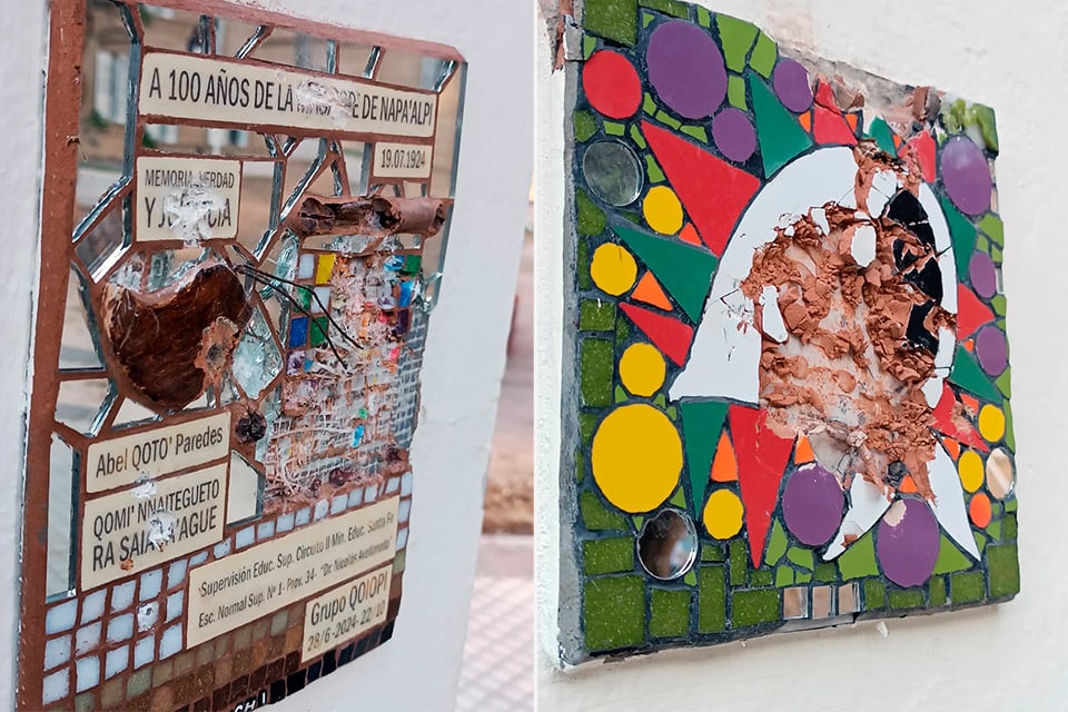 Dos mosaicos instalados en el Normal 1 sufrieron la furia de los negacionistas. 