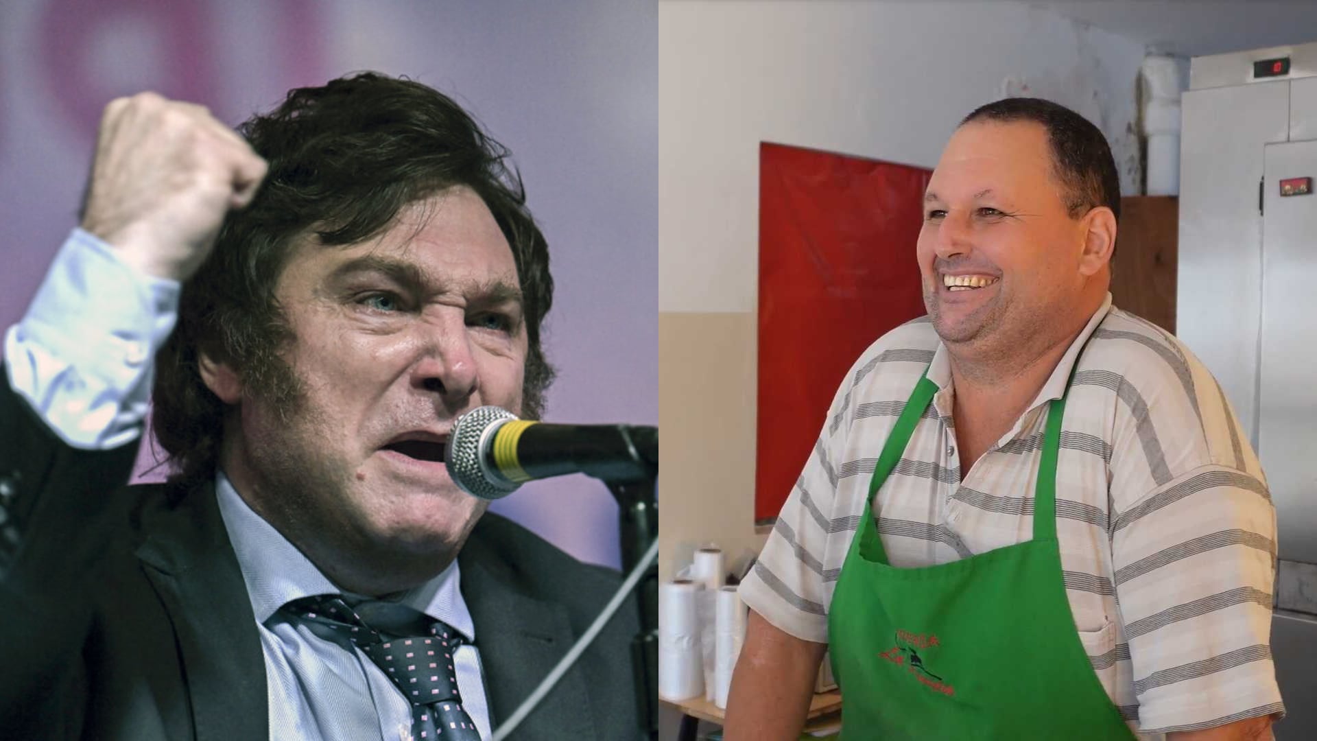 A la izquierda Javier Milei (AFP). A la derecha Rubén Macagno (P12), carnicero y fiscal general de La Libertad Avanza en Los Chañaritos.