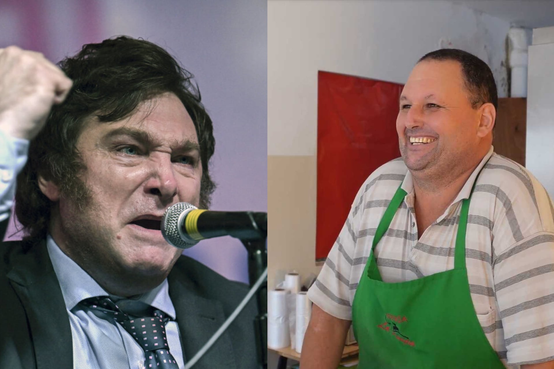 A la izquierda Javier Milei (AFP). A la derecha Rubén Macagno (P12), carnicero y fiscal general de La Libertad Avanza en Los Chañaritos.