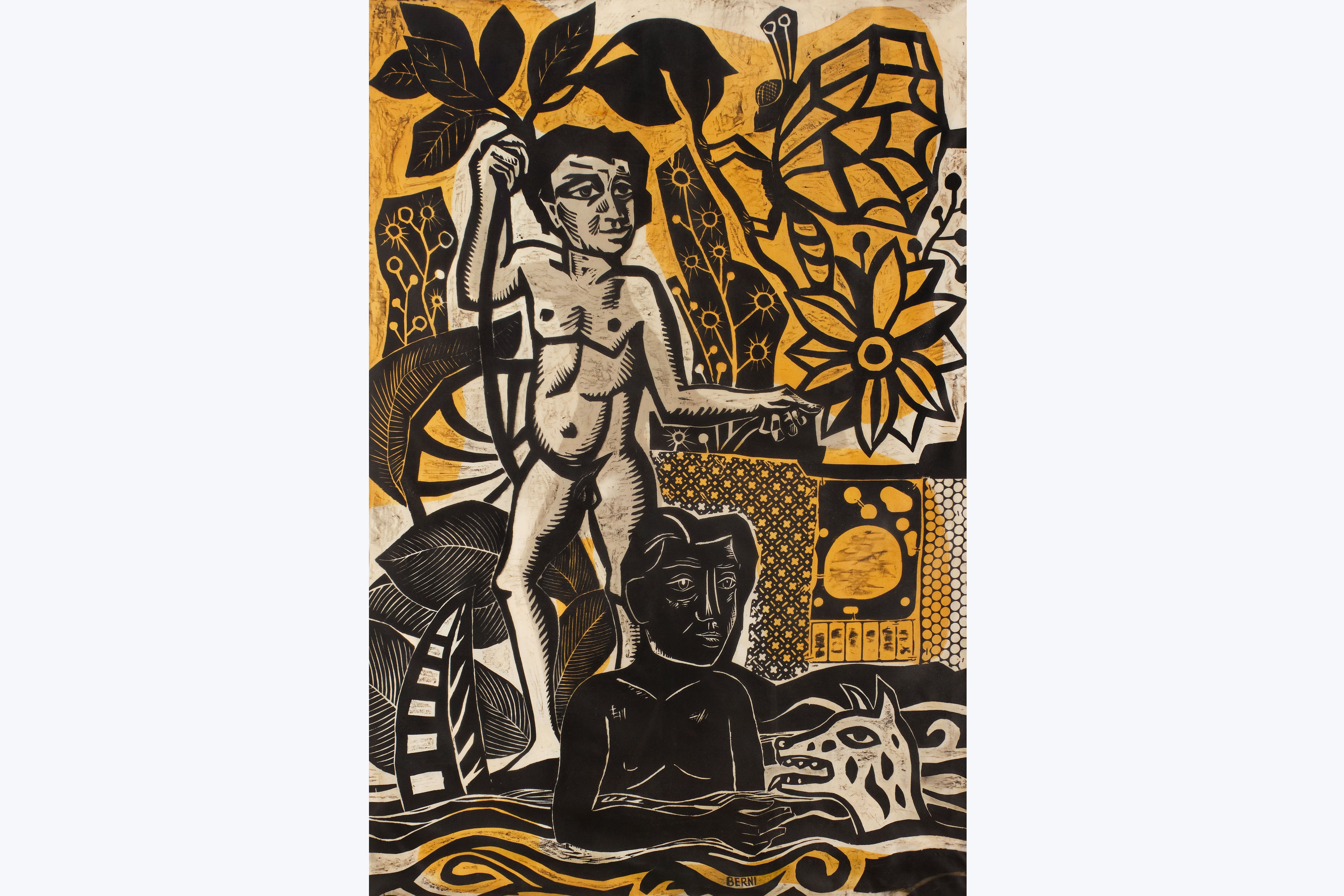 "Juanito pescando", 1962, xilografía sobre tela de Antonio Berni, 119x79 cm. (colección Mauricio Neuman). Abajo: "Juanito en la honda", 1960, de A. Berni, gofrado, 45x31 cm (col. Mauricio Neuman).