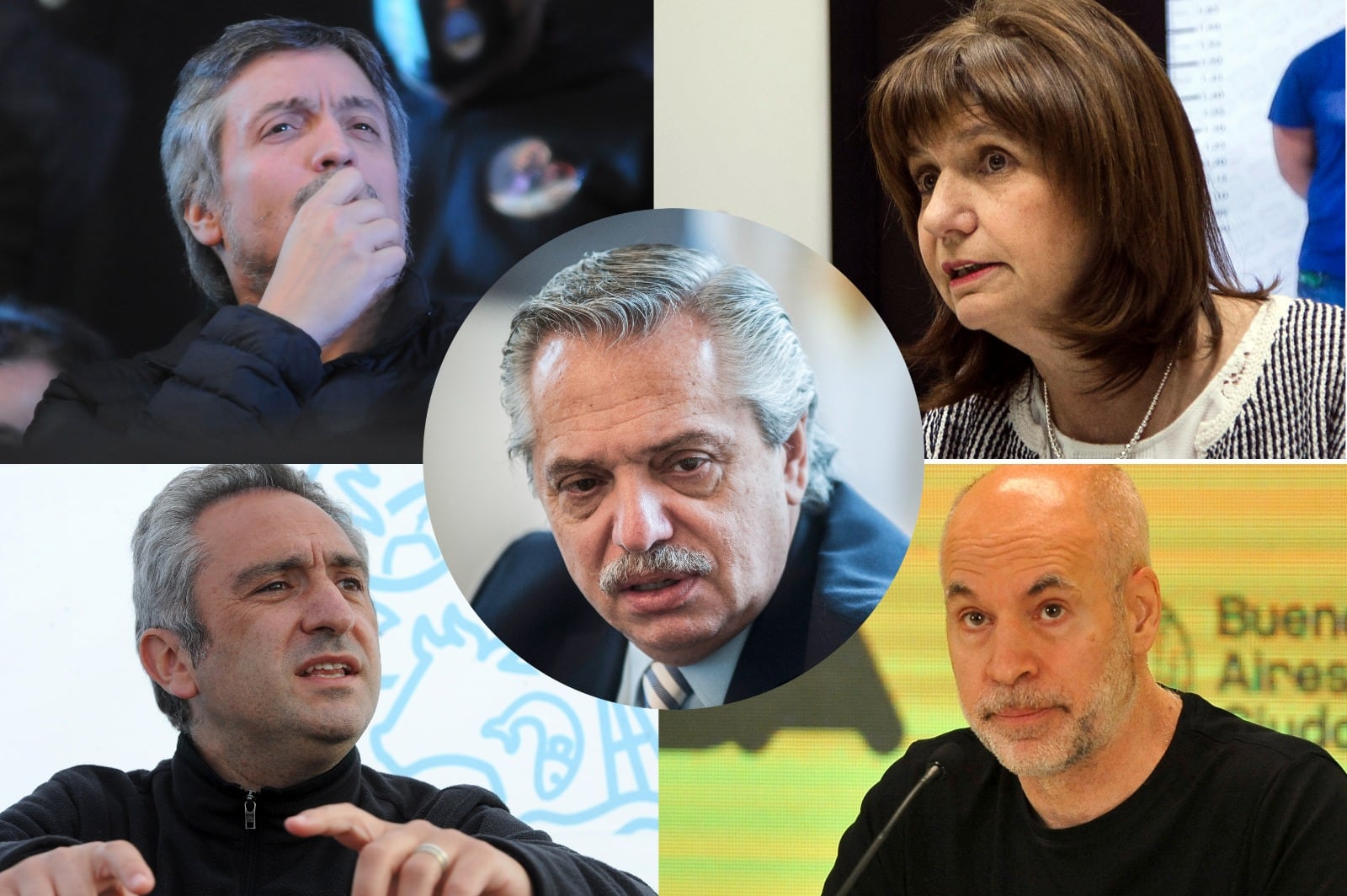 Máximo Kirchnere y Andrés Larroque enfrentados a Patricia Bullrich y Horacio Rodríguez Larreta. En el medio, Alberto Fernández.