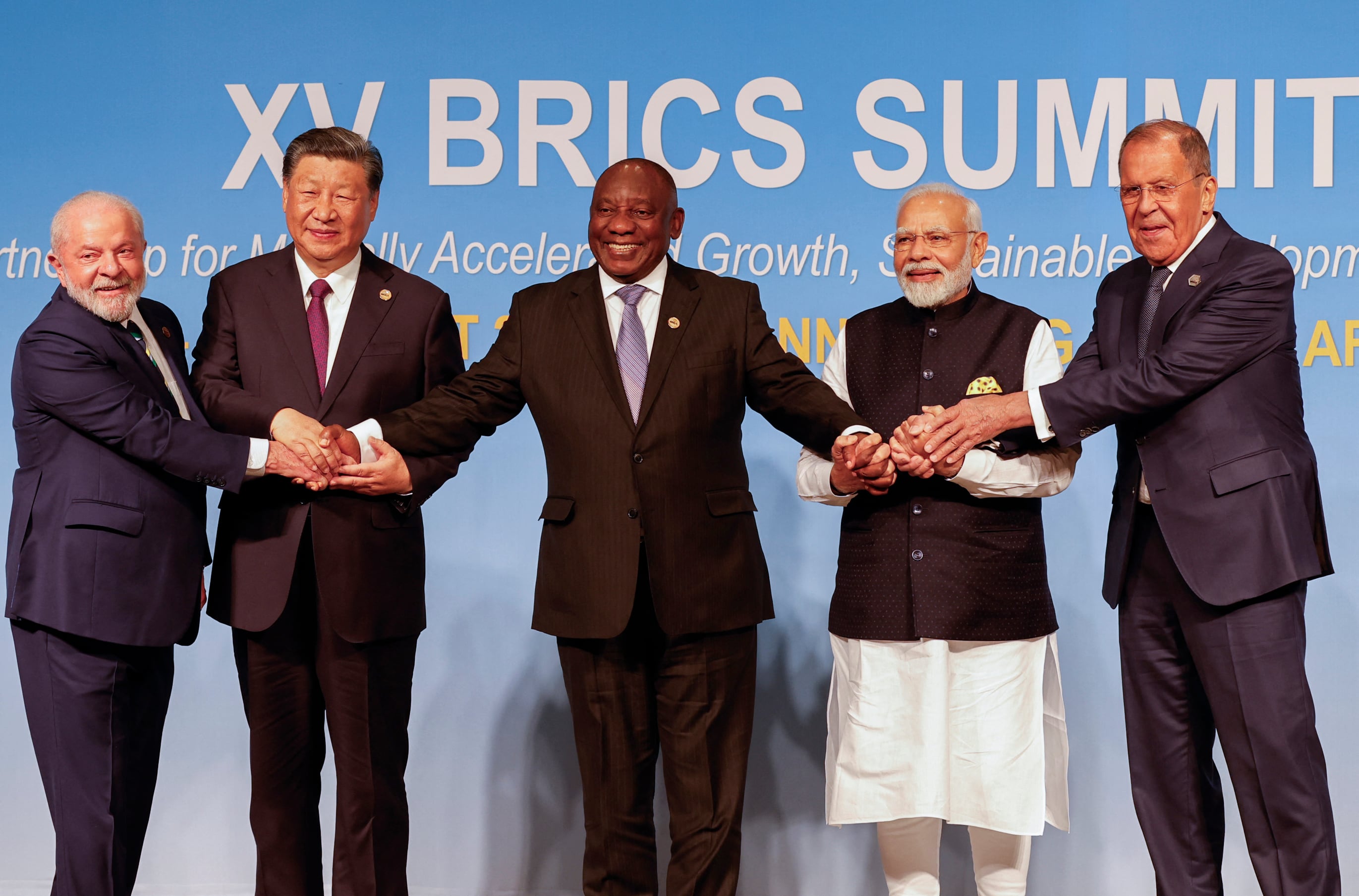 Luiz Inacio Lula da Silva, Xi Jinping, Cyril Ramaphosa, Narendra Modi y Sergei Lavrov en Johannesburgo.