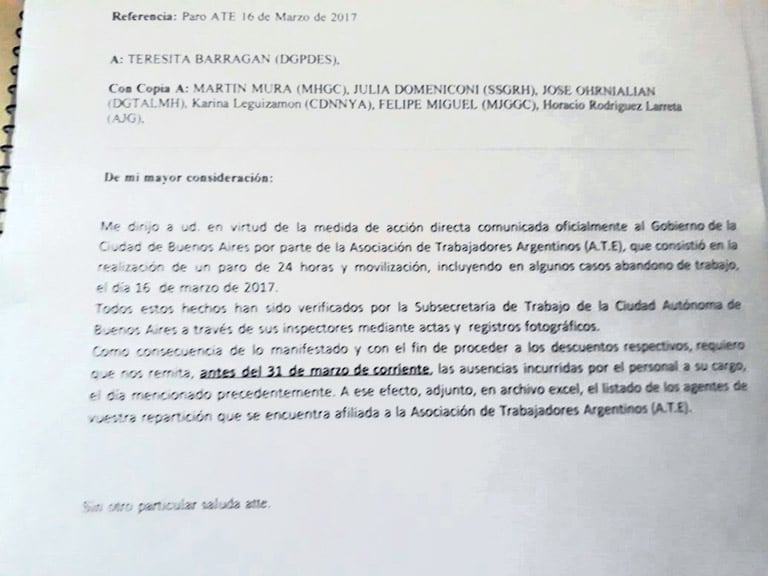 El correo dirigido a distintos funcionarios fue enviado desde el área de Relaciones Laborales.