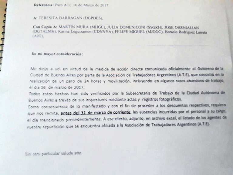El correo dirigido a distintos funcionarios fue enviado desde el área de Relaciones Laborales.