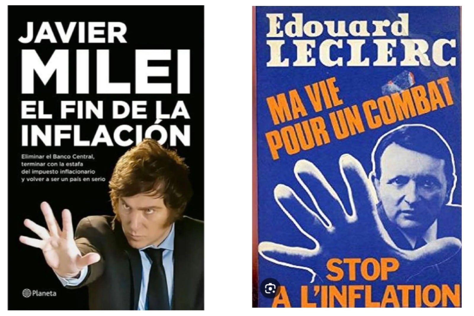 La portada del libro de Mlei y la del empresario francés Édouard Leclerc.