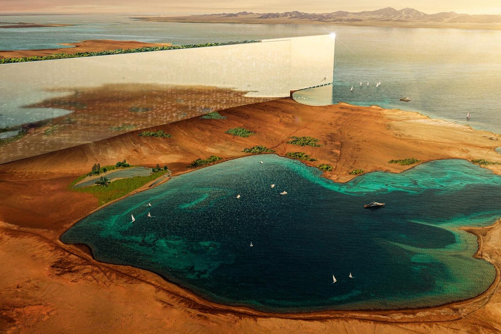 El proyecto urbanístico consta de un edificio espejado de 120 kilómetros de extensión y 487 metros de altura. (Foto: NEOM)