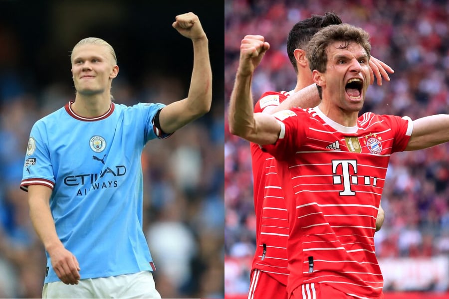 Erling Haaland, el goleador de esta Champions con 10 goles en sólo 6 partidos y Thomas Muller.