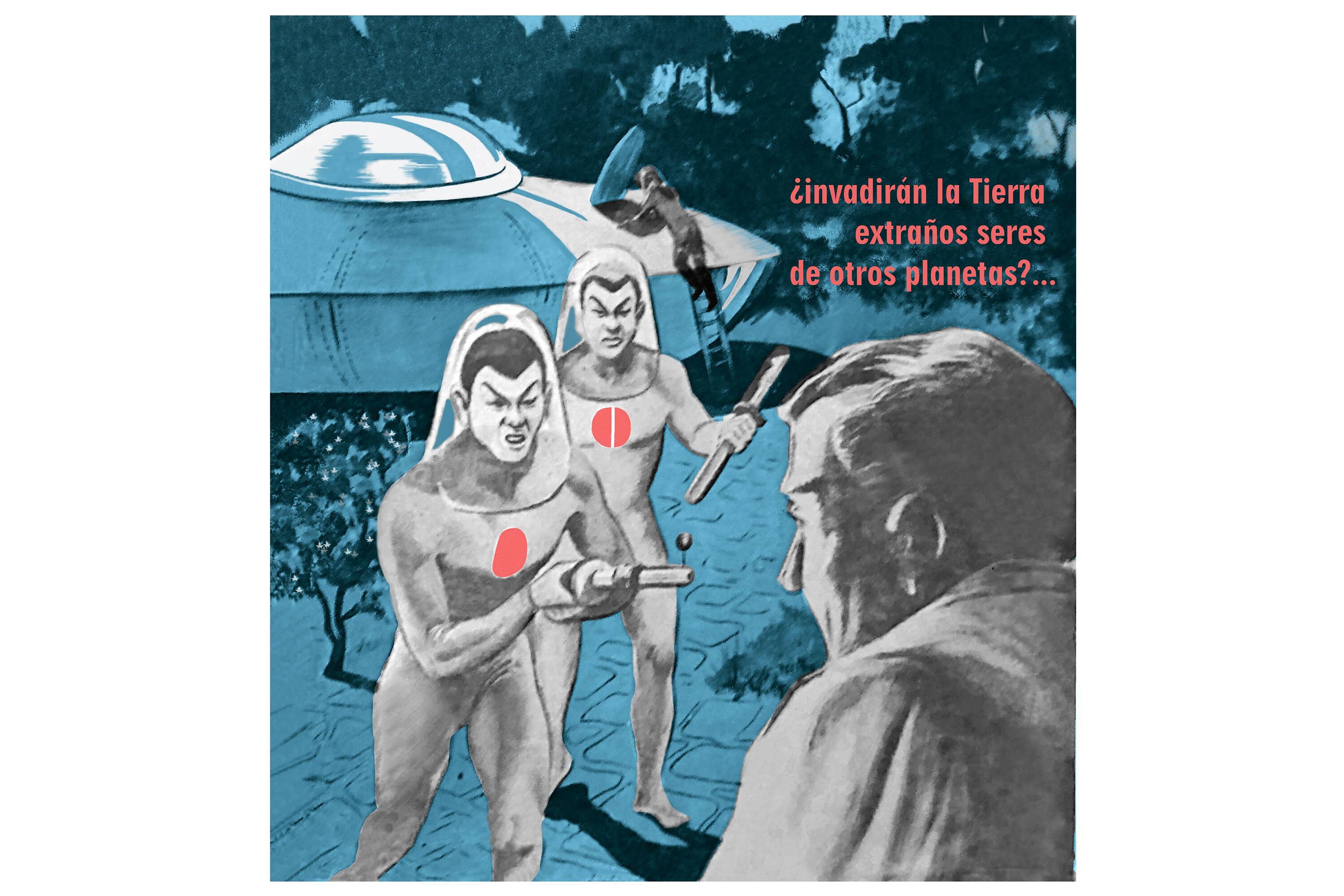 Fragmento de la portada de "Primer mensaje extraplanetario" de Frank Robertson, dibujada por José Raggi (Ediciones Ignotas, 2024).