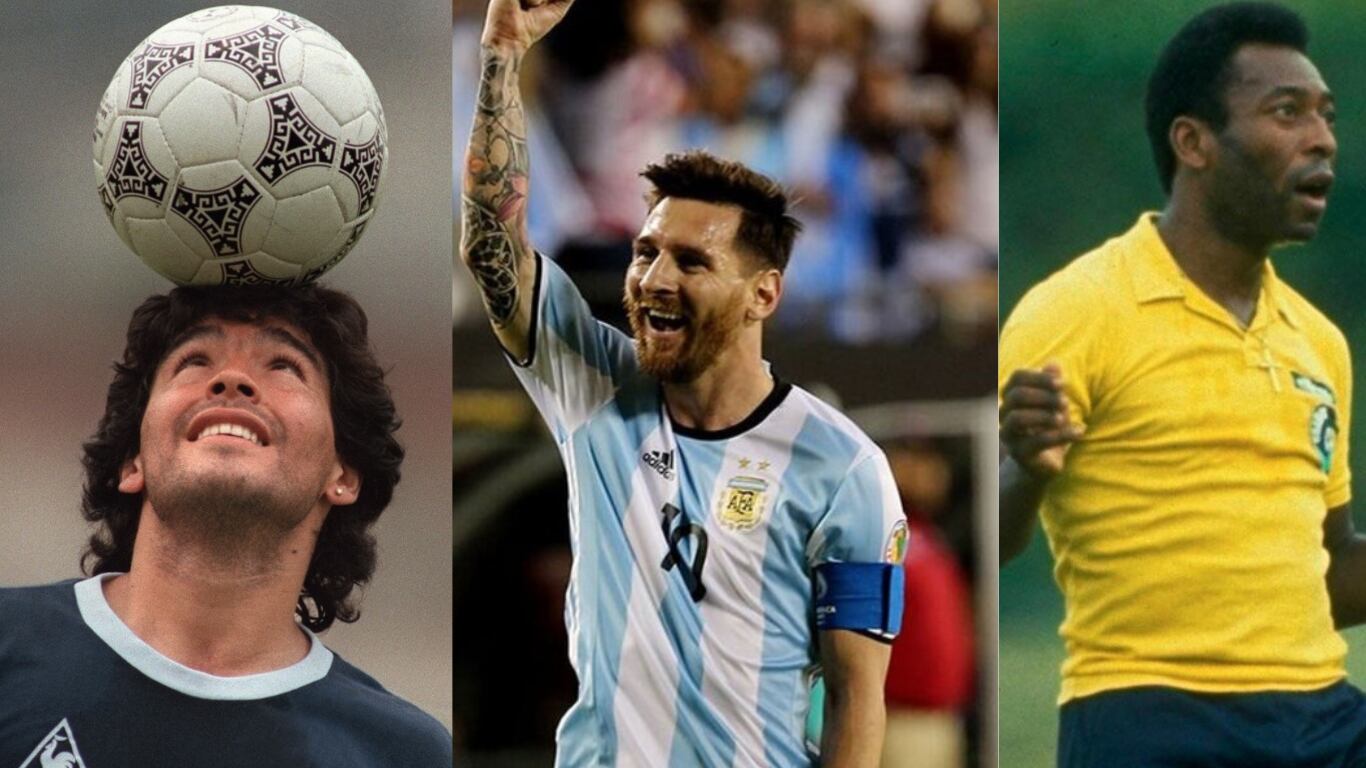 Tres 10 para la historia: Diego Maradona, Lionel Messi y Pelé.