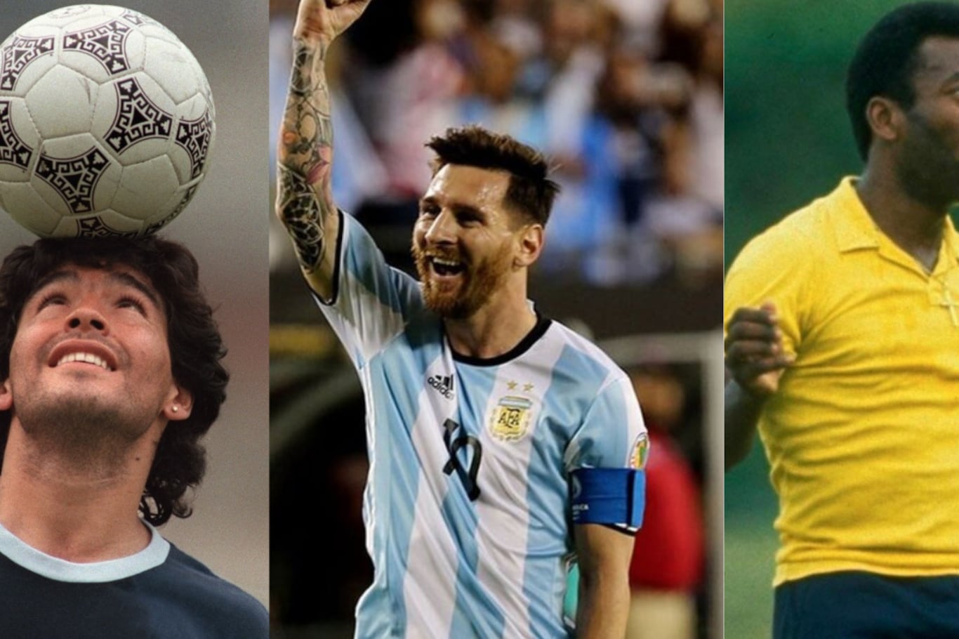 Tres 10 para la historia: Diego Maradona, Lionel Messi y Pelé.