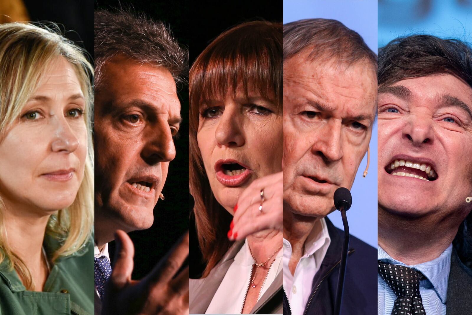 Bregman, Massa, Bullrich, Schiaretti y Milei, en el orden en que estarán ubicados en los atriles. 