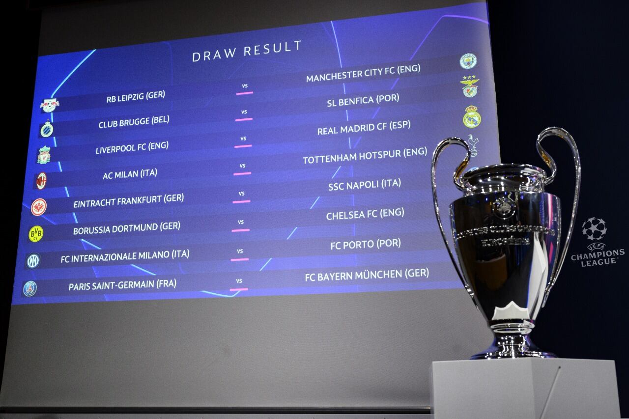 El trofeo de la Champions League, la famosa Orejona, y el cuadro de octavos de fondo