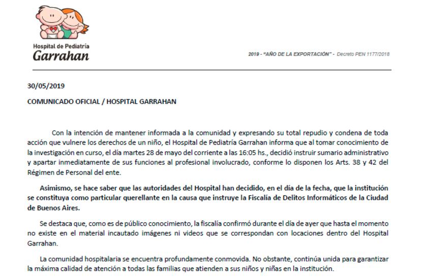 El Garrahan informó también que el pediatra fue apartado y se le instruyó un sumario.