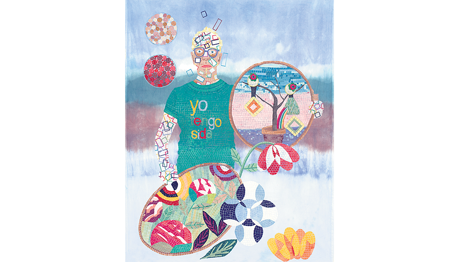 Daniel con la remera “Yo tengo sida”, de Roberto Jacoby. Su cuerpo es atravesado por la obra de Gachi Hasper, y con la mano izquierda sostiene un marco que remite a Marcelo Alzetta. Arriba a la izquierda, un guiño a Silvana Lacarra y las flores de abajo,