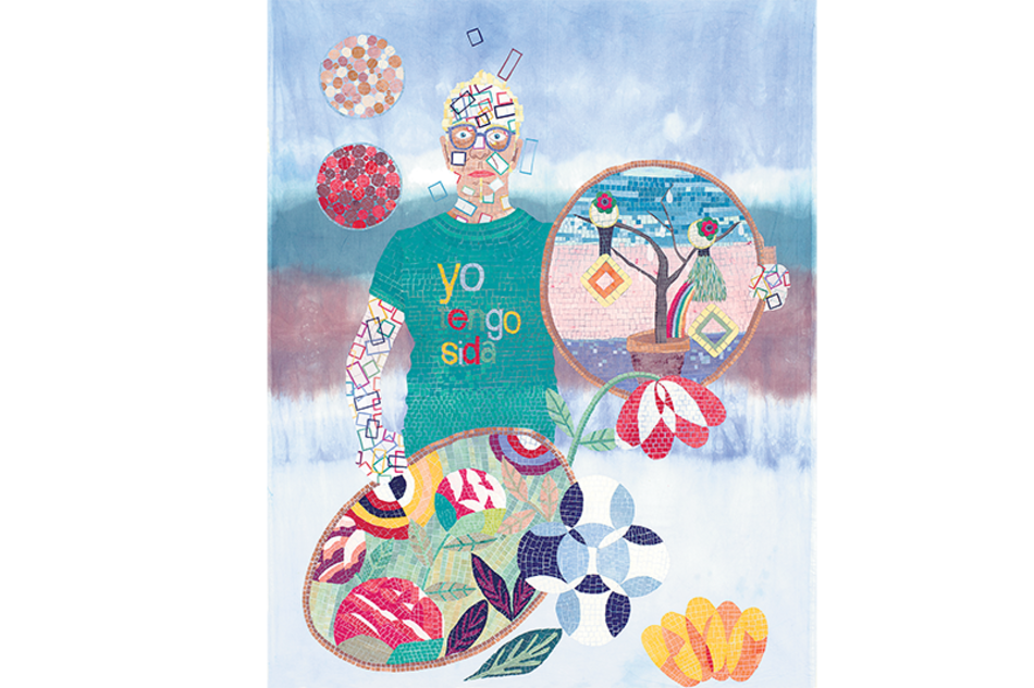 Daniel con la remera “Yo tengo sida”, de Roberto Jacoby. Su cuerpo es atravesado por la obra de Gachi Hasper, y con la mano izquierda sostiene un marco que remite a Marcelo Alzetta. Arriba a la izquierda, un guiño a Silvana Lacarra y las flores de abajo,