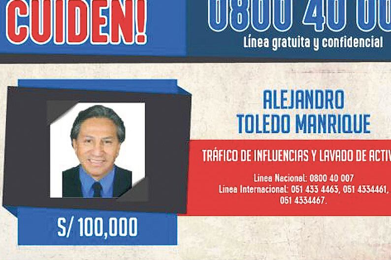 Toledo, tal como aparece en la página de los delincuentes más buscados de Perú.