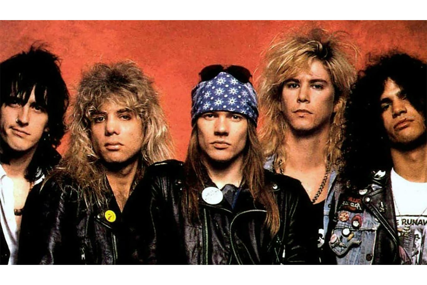 El primer GNR: Gilby Clarke, Steven Adler (en Argentina ya había sido reemplazado por Matt Sorum), Axl Rose, Duff McKagan y Slash