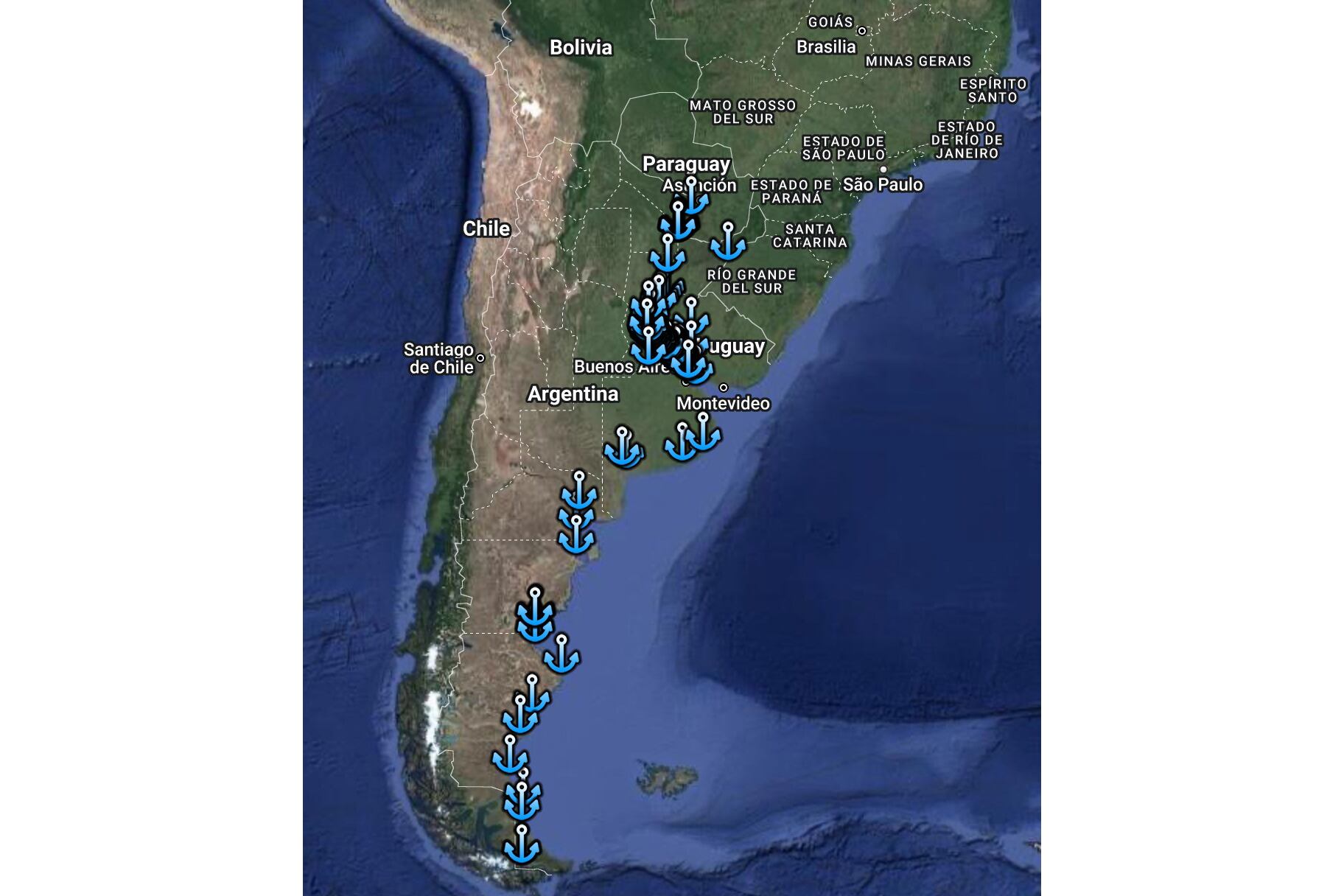 El mapa de los puertos argentinos, desde Formosa hasta Ushuaia.