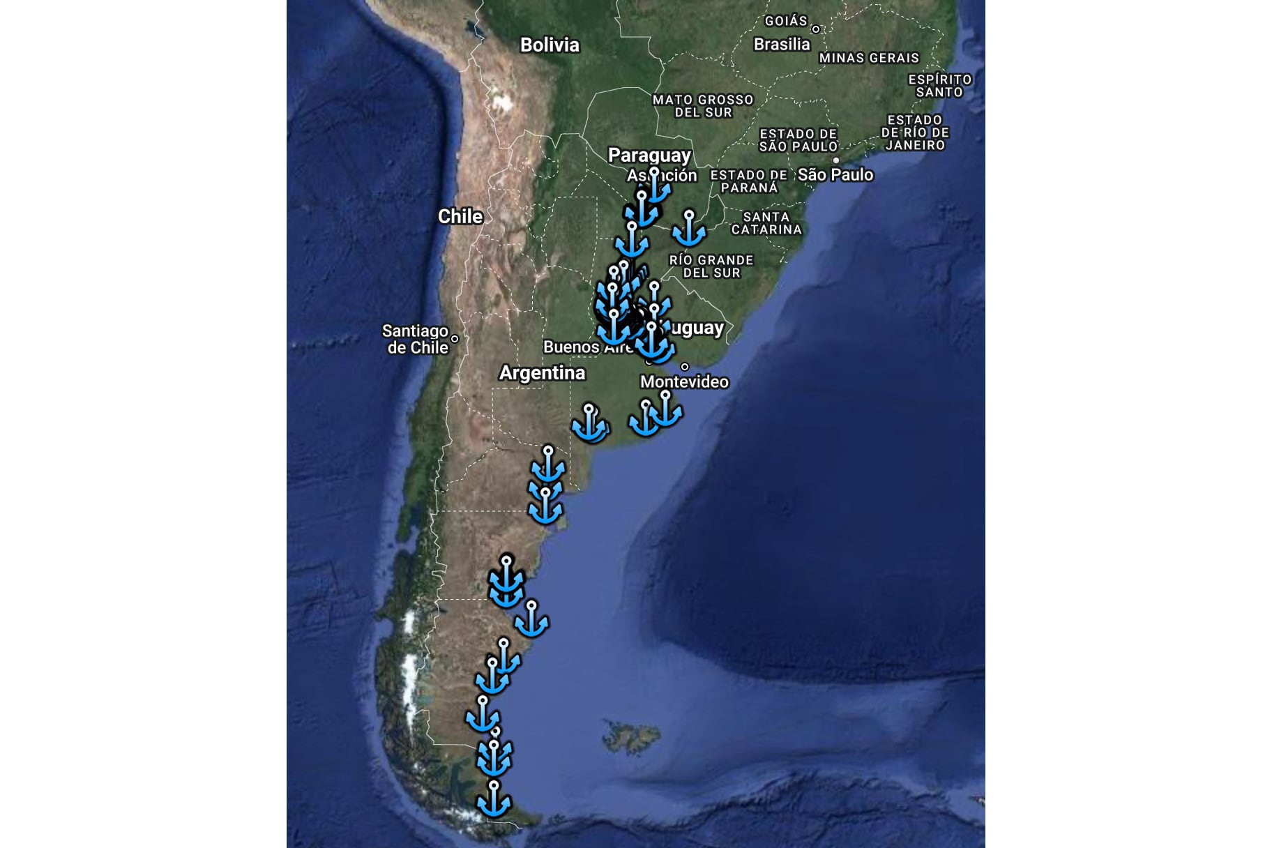 El mapa de los puertos argentinos, desde Formosa hasta Ushuaia.