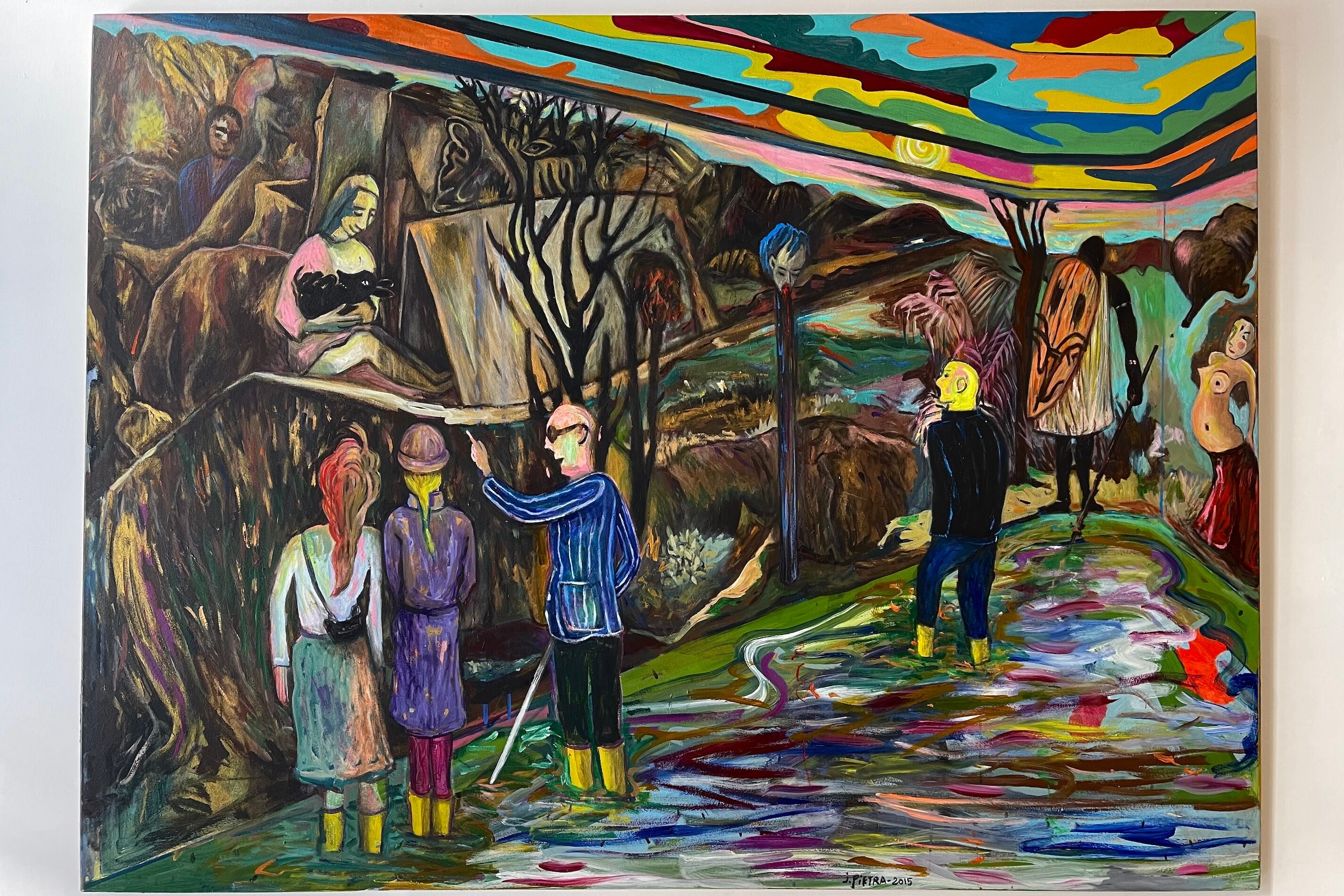 Pintura de Jorge Pietra realizada en 2015. Abajo, dibujo de Cristina Caronni, 2022.