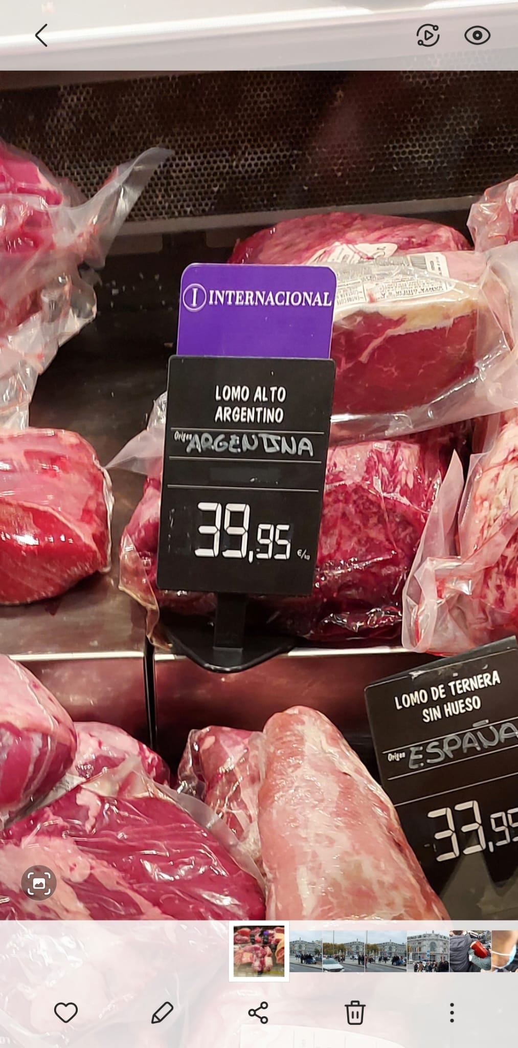 Precio del kilo de lomo en un supermercado de Madrid.