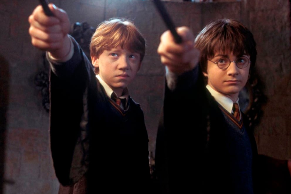 Rupert Grint (Ron Weasley) y Daniel Radcliffe (Harry Potter) en la adaptación cinematográfica.
