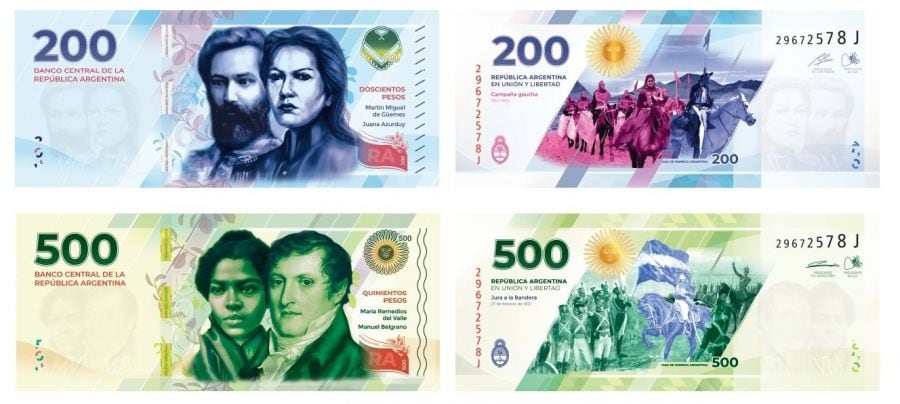 Los nuevos billetes, con las figuras de Azurduy y del Valle.