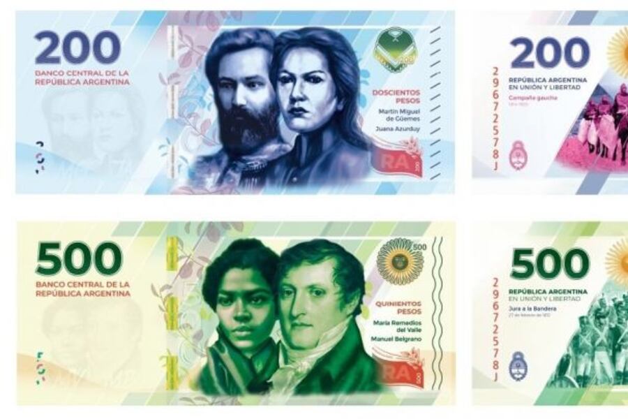 Los nuevos billetes, con las figuras de Azurduy y del Valle.