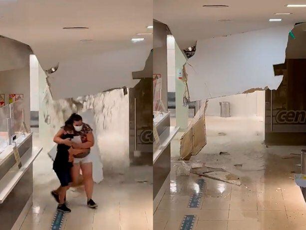 Una mujer evacúa de inmediato a su hijo antes de que se desplome por completo el techo en el hospital.
