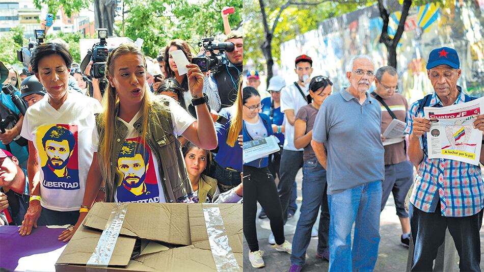 De un lado, Lilian Tintori, esposa del opositor Leopoldo López; del otro, filas para votar en el simulacro.