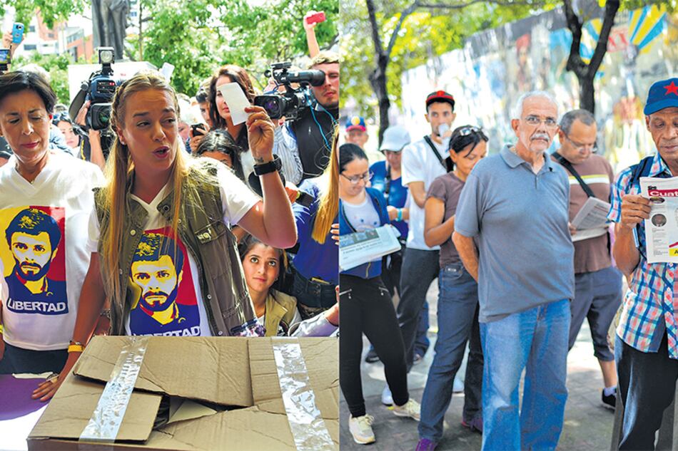 De un lado, Lilian Tintori, esposa del opositor Leopoldo López; del otro, filas para votar en el simulacro.