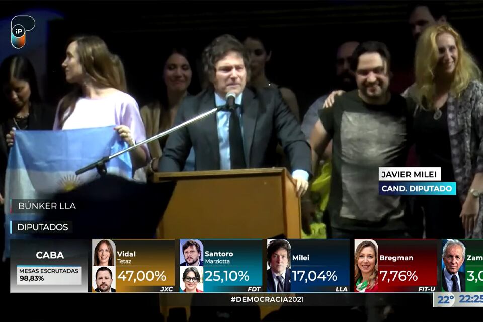 Desde el Luna Park, Javier Milei celebró los resultados de la Libertad Avanza en CABA.
