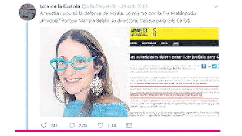 El mensaje con información falsa sobre la directora ejecutiva de Amnistía, Mariela Belski.