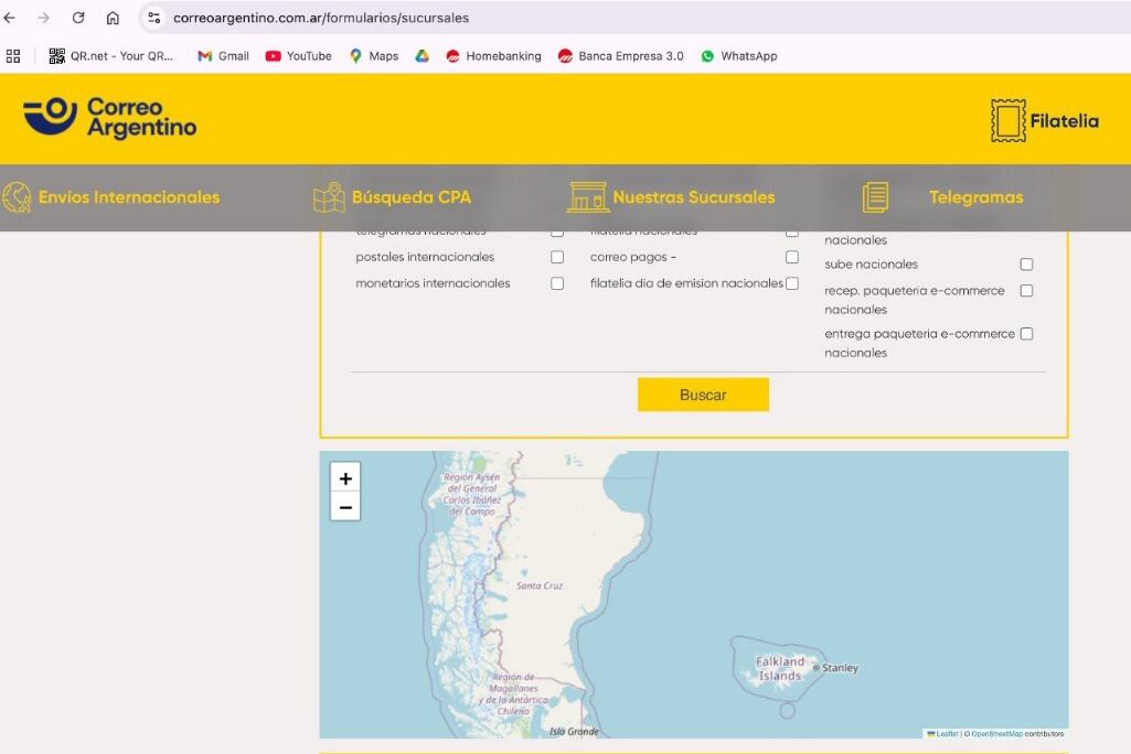En el buscador de sucursales de Correo Argentino aparece "Falkland Islands". 