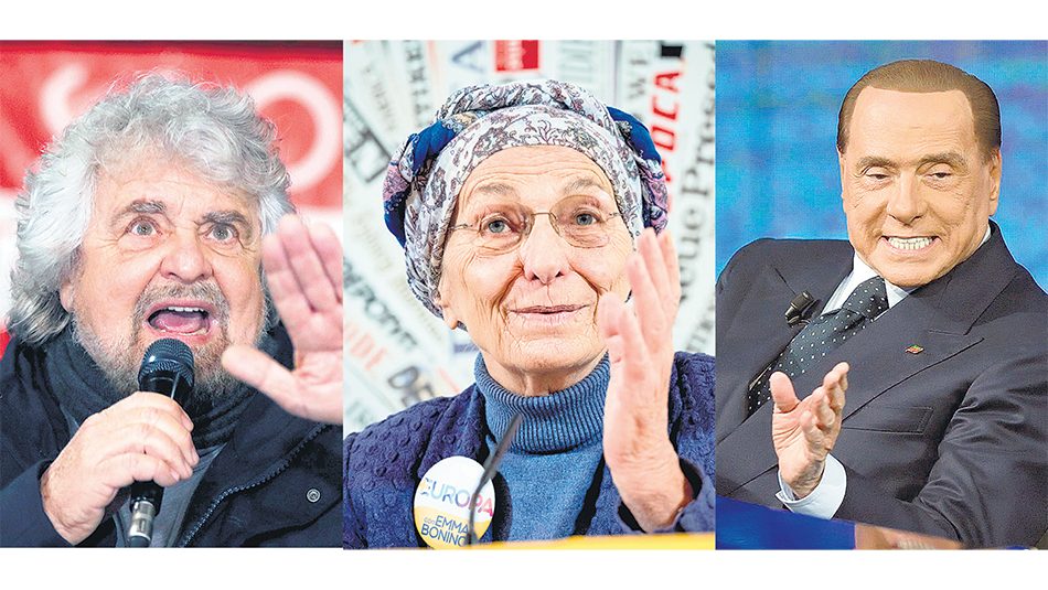 Beppe Grillo, líder del Movimiento Cinco Estrellas; Emma Bonino, candidata de Más Europa, y Berlusconi, jefe de Forza Italia.