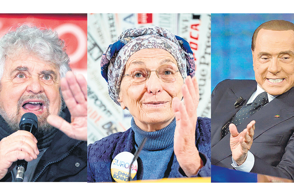 Beppe Grillo, líder del Movimiento Cinco Estrellas; Emma Bonino, candidata de Más Europa, y Berlusconi, jefe de Forza Italia.