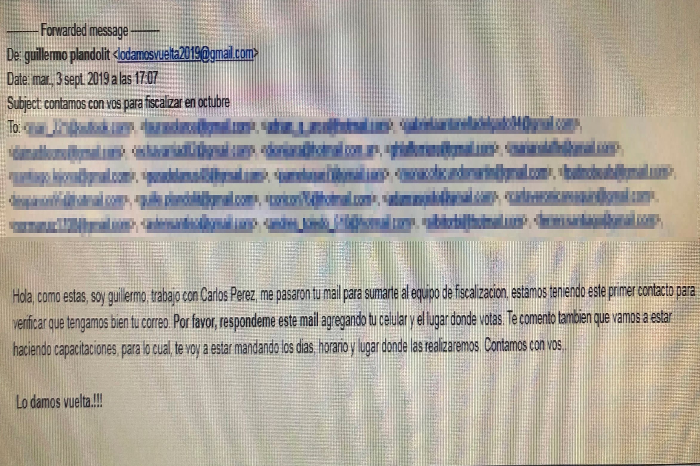 Facsímil del mail que recibieron empleados de Seguridad Vial. 