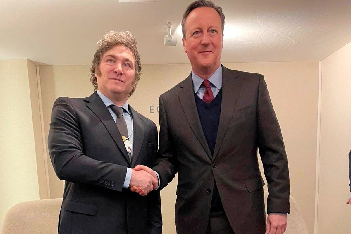 Javier Milei con el jefe de la diplomacia británica, David Cameron.