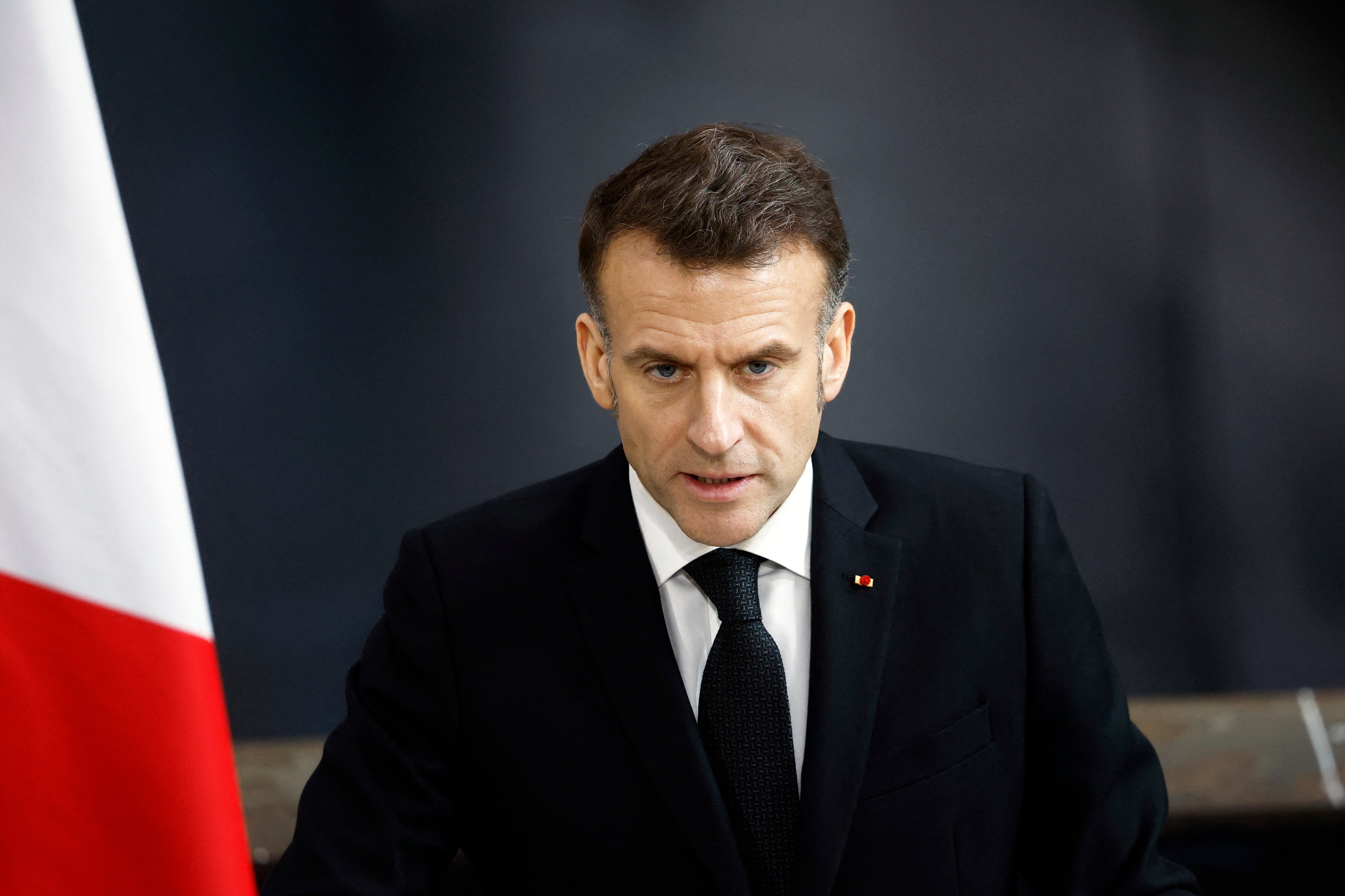 France's President Emmanuel Macron delivers a speech next to nuclear-powered ballistic missile submarine (SSBN) submarine "Le Temeraire" - S617 during his visit to the Nuclear Submarine Navy Base of Ile Longue in Crozon, north-western France on March 2, 2026. High expectations, few certainties: on March 2, 2026, Emmanuel Macron is set to outline how France's nuclear deterrent can help strengthen security in Europe in the face of a increasingly brutal world and an increasingly uncertain US ally. This issue has been brought sharply into focus by the Israeli-US offensive in Iran this weekend, against the backdrop of the Iranian nuclear crisis, which is shaking the entire Middle East and, by extension, the international community. (Photo by Yoan VALAT / POOL / AFP)